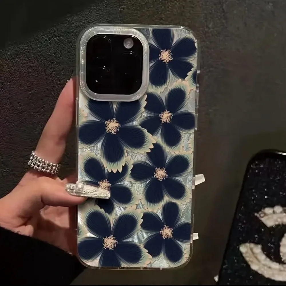 Clear Floral Phone Case with Dark Blue Flower Design